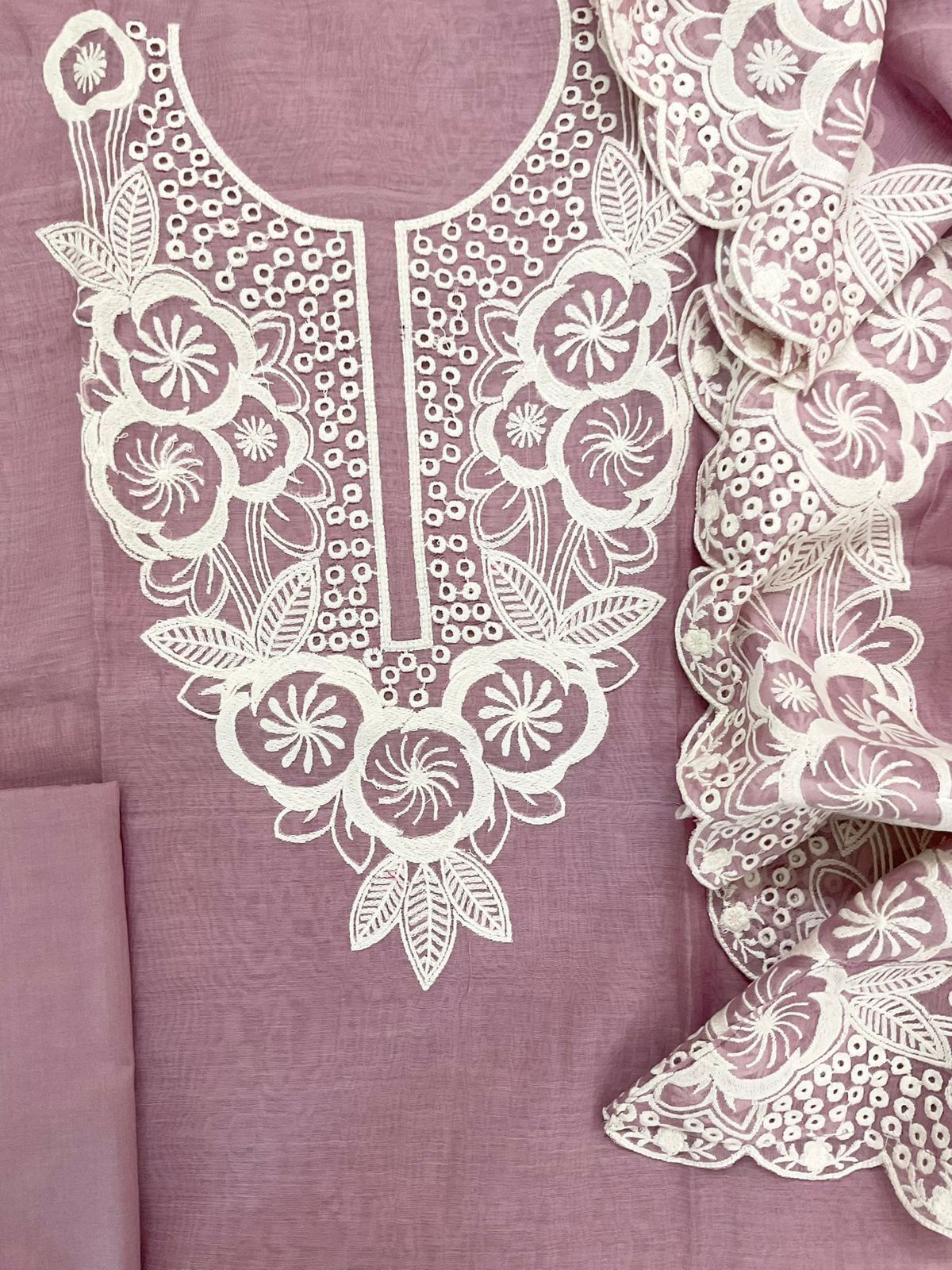 Pure Mul Chanderi Embroidered Suit - Mauve