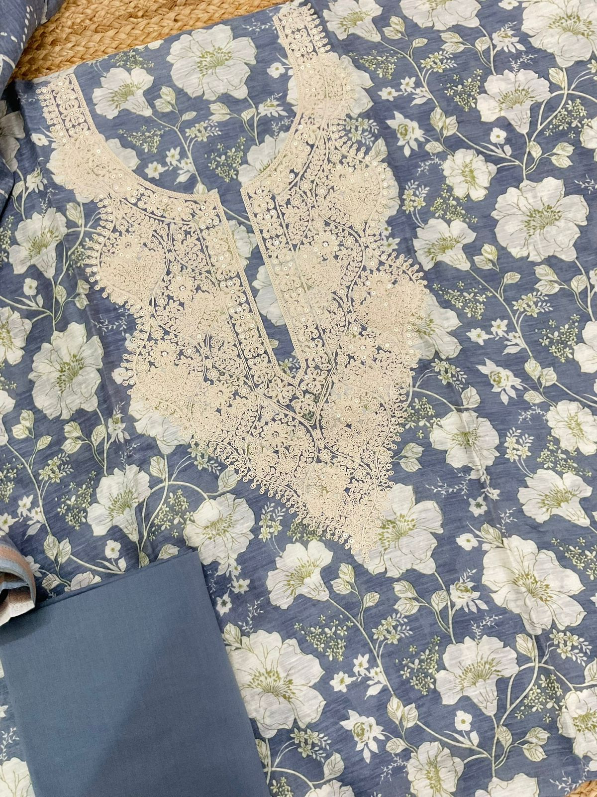 Pure Linen Chanderi Printed Embroidered Suit - Grey