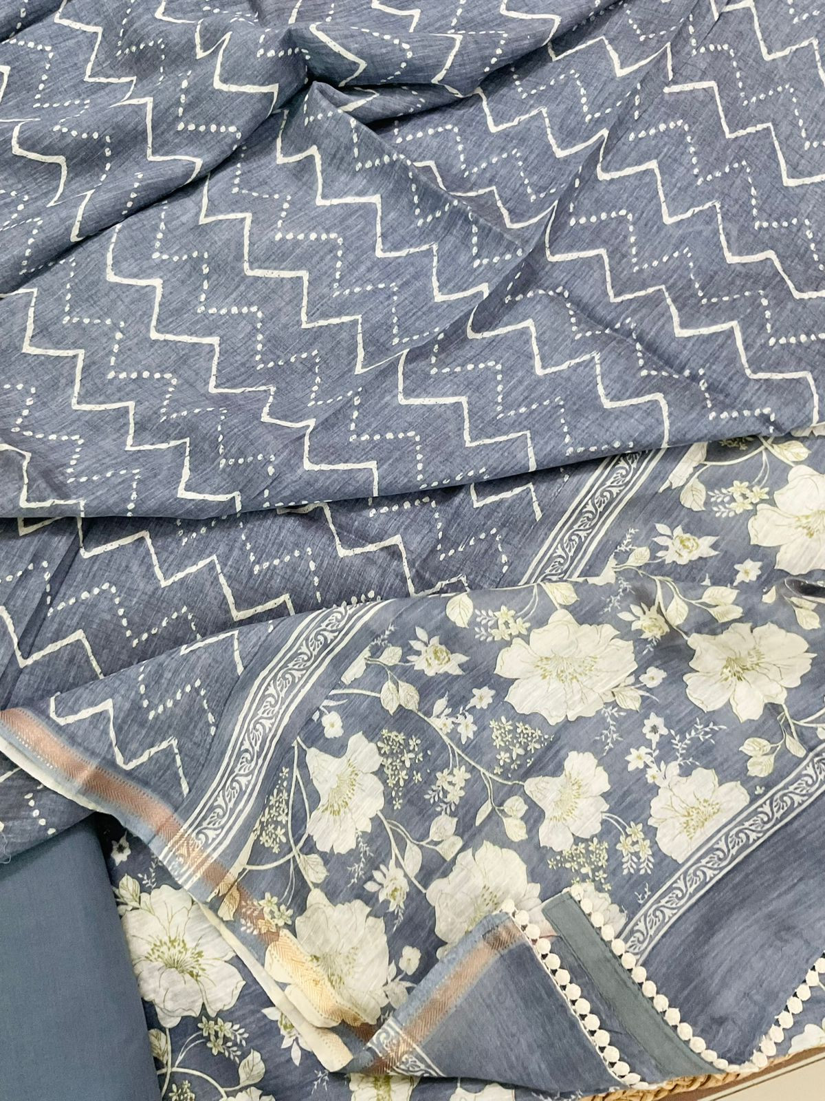 Pure Linen Chanderi Printed Embroidered Suit - Grey