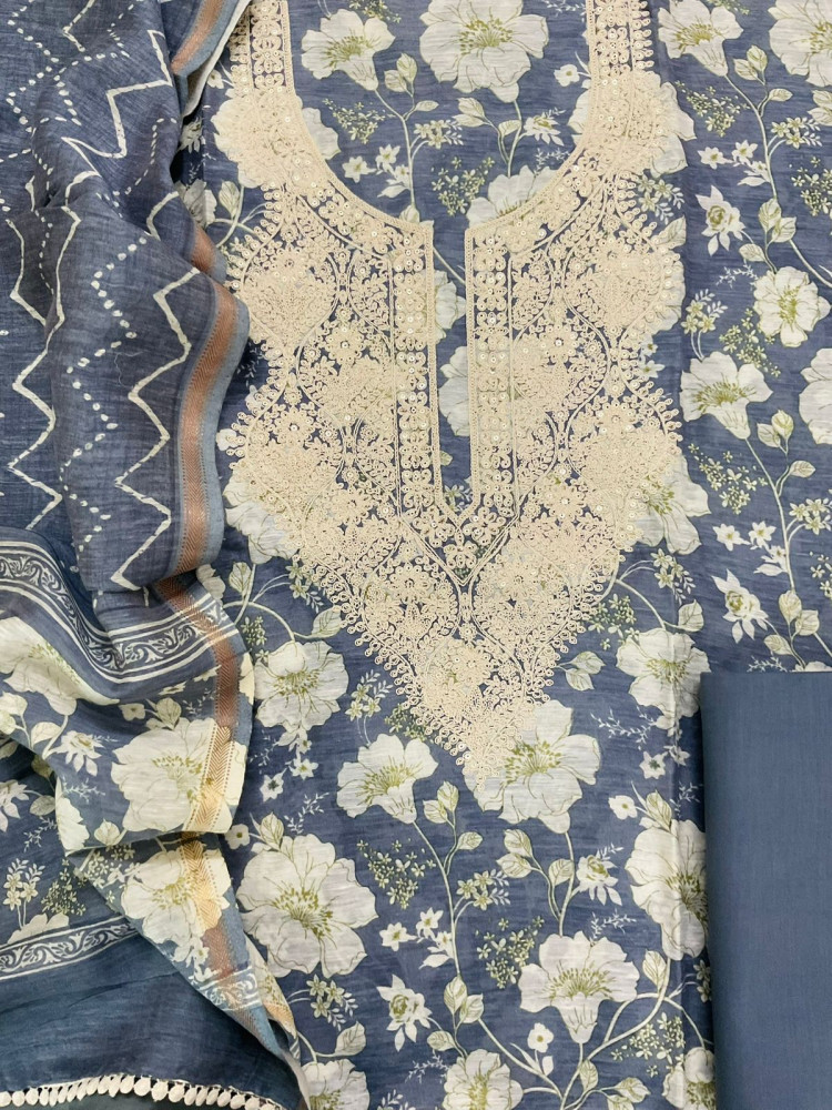 Image of Pure Linen Chanderi Printed Embroidered Suit - Grey