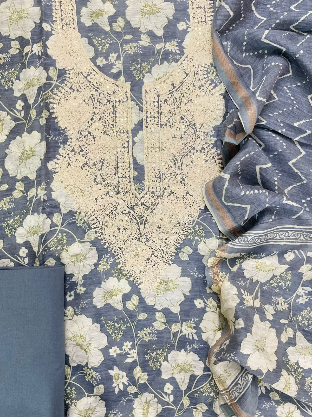 Pure Linen Chanderi Printed Embroidered Suit - Grey