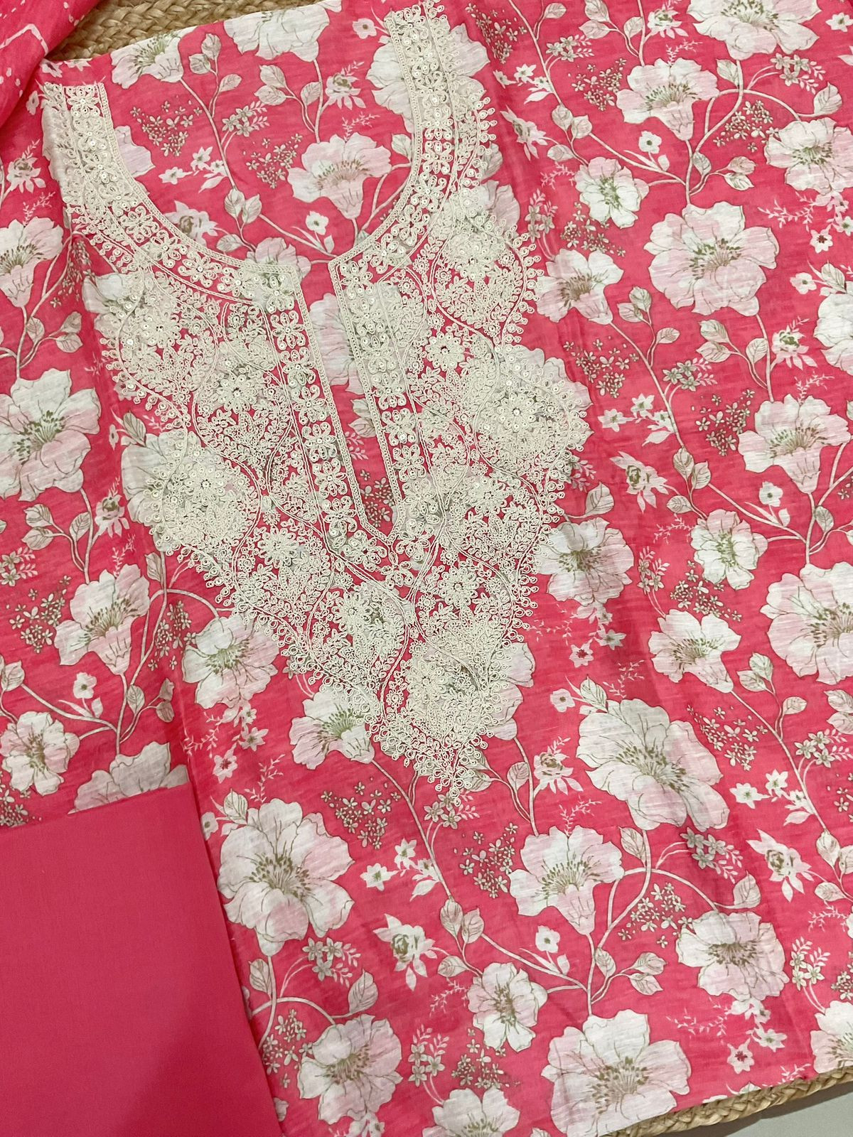 Pure Linen Chanderi Printed Embroidered Suit - Pink