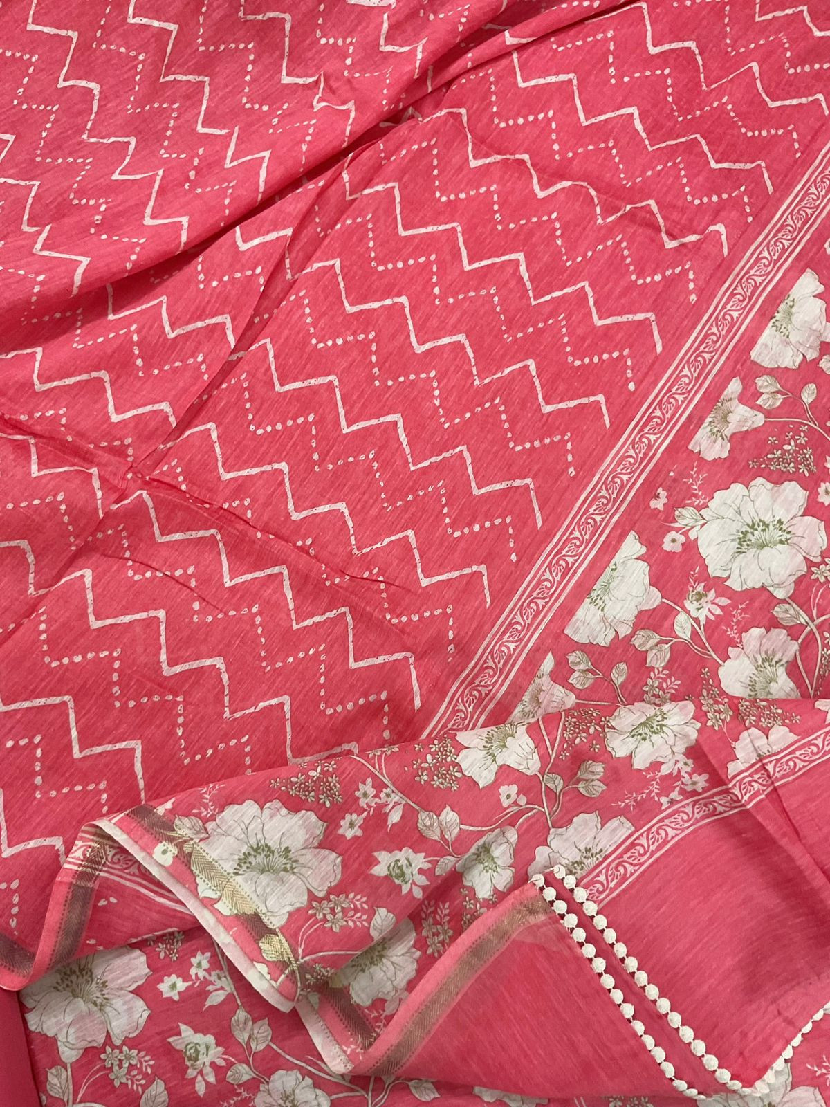 Pure Linen Chanderi Printed Embroidered Suit - Pink