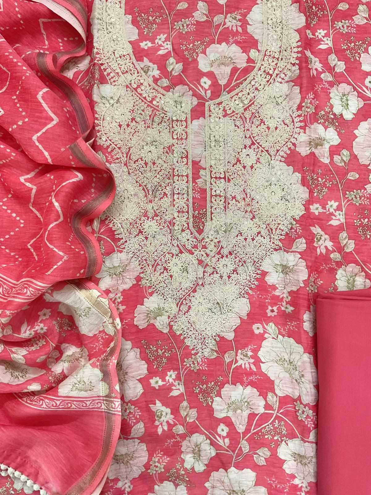 Pure Linen Chanderi Printed Embroidered Suit - Pink