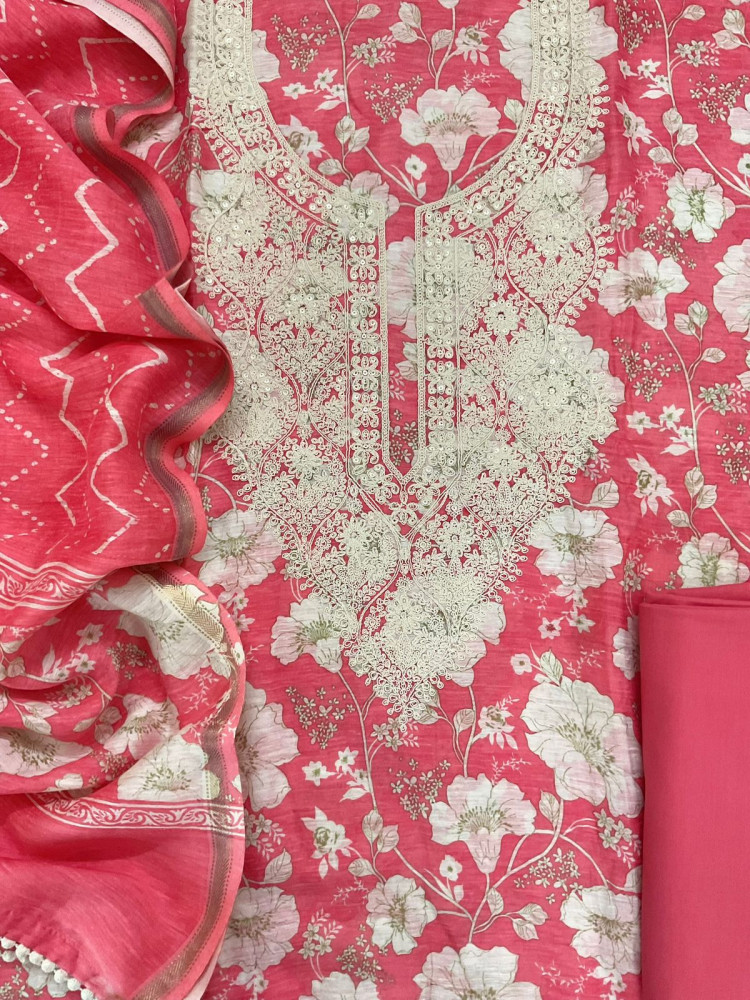 Image of Pure Linen Chanderi Printed Embroidered Suit - Pink