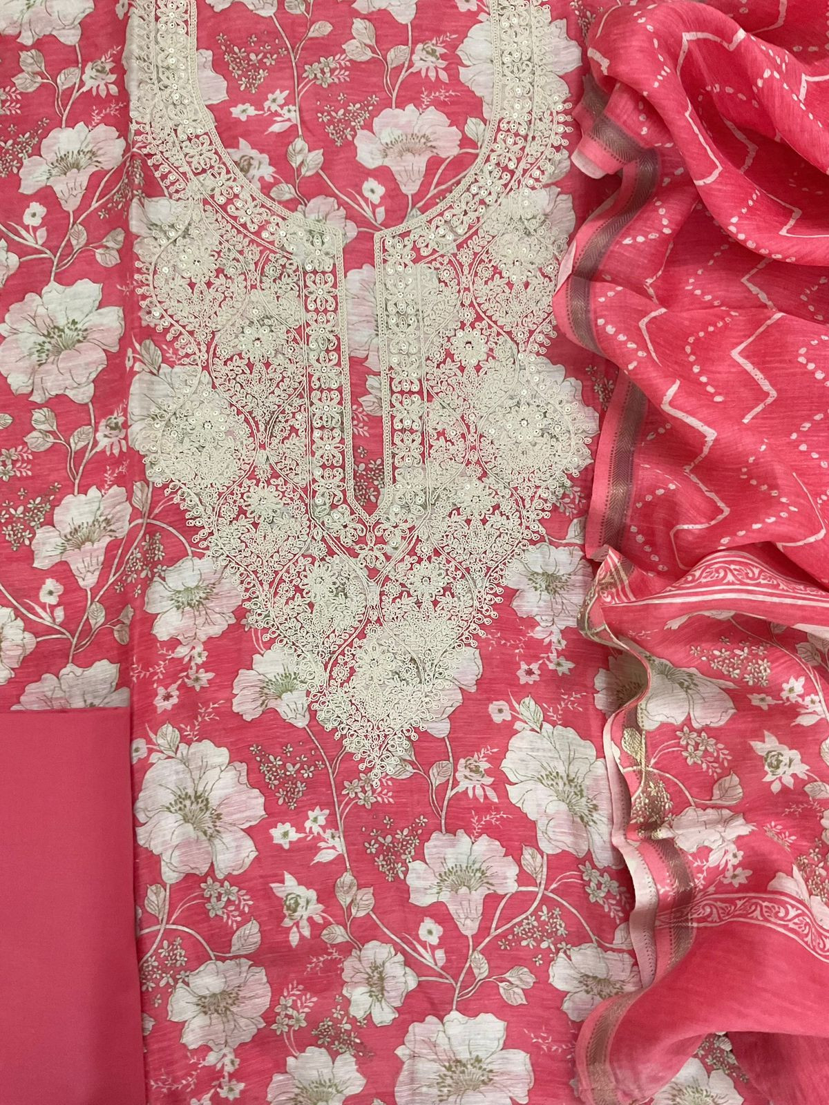 Pure Linen Chanderi Printed Embroidered Suit - Pink