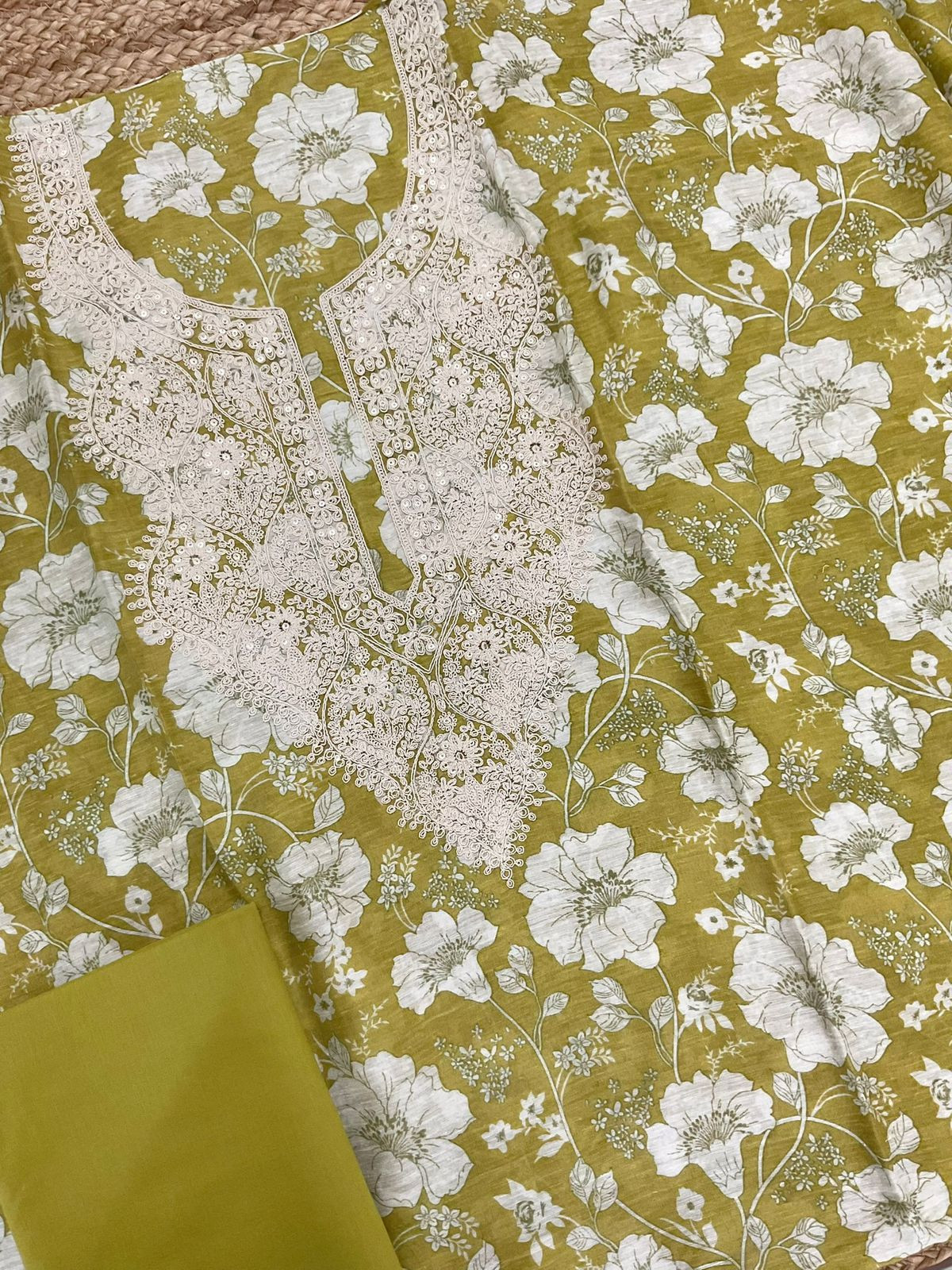 Pure Linen Chanderi Printed Embroidered Suit - Yellowish Green