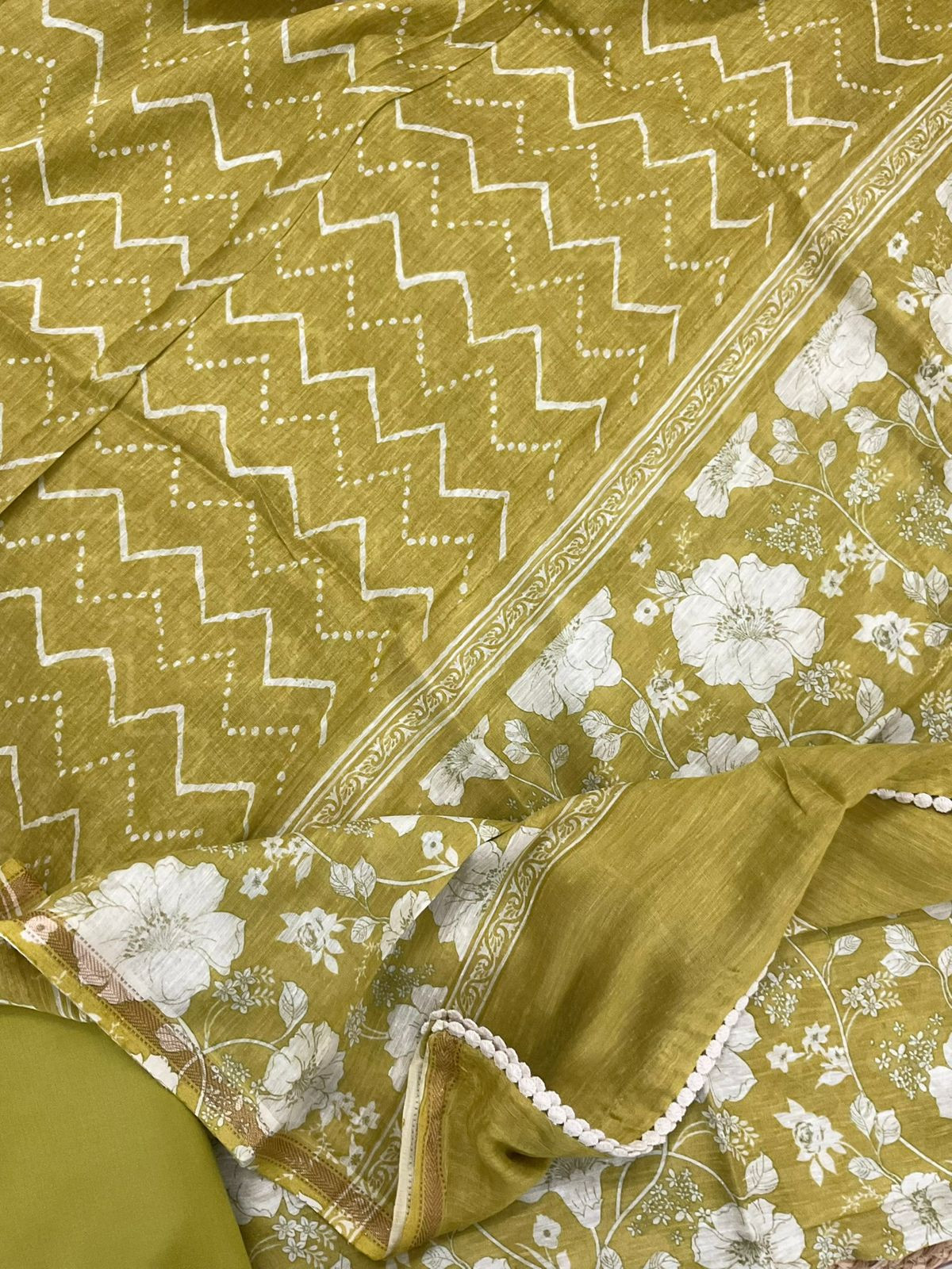 Pure Linen Chanderi Printed Embroidered Suit - Yellowish Green