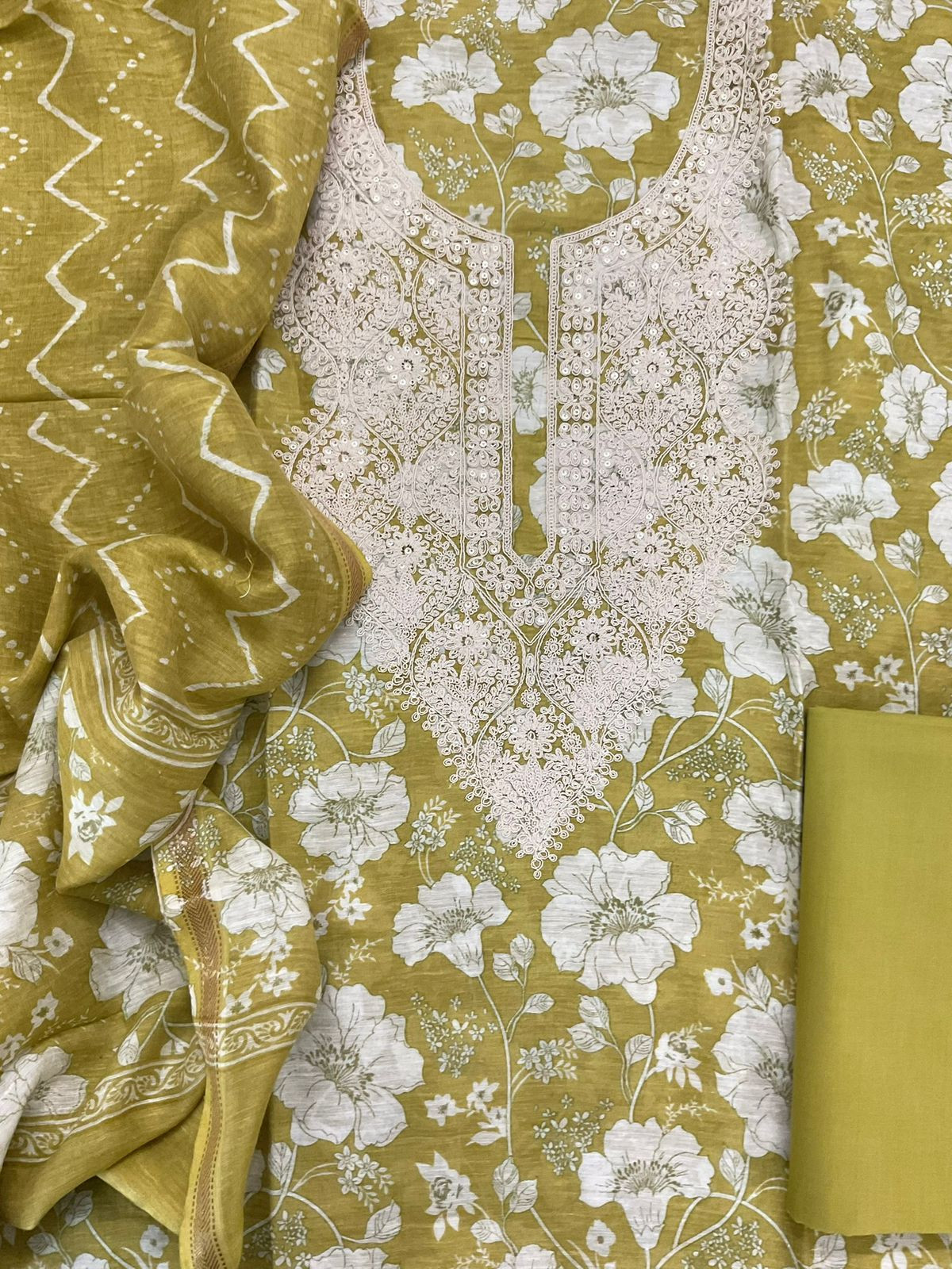 Pure Linen Chanderi Printed Embroidered Suit - Yellowish Green