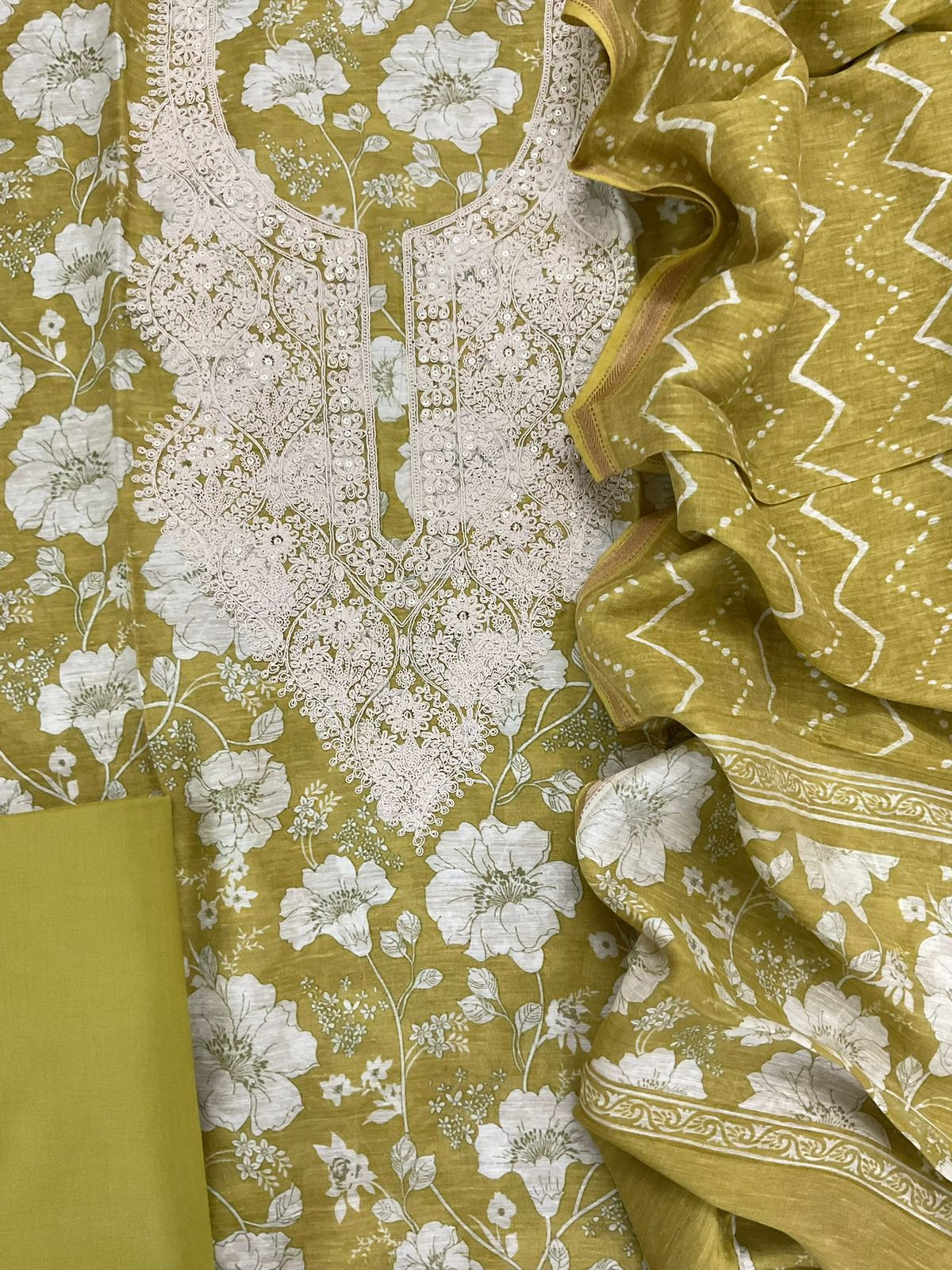 Pure Linen Chanderi Printed Embroidered Suit - Yellowish Green