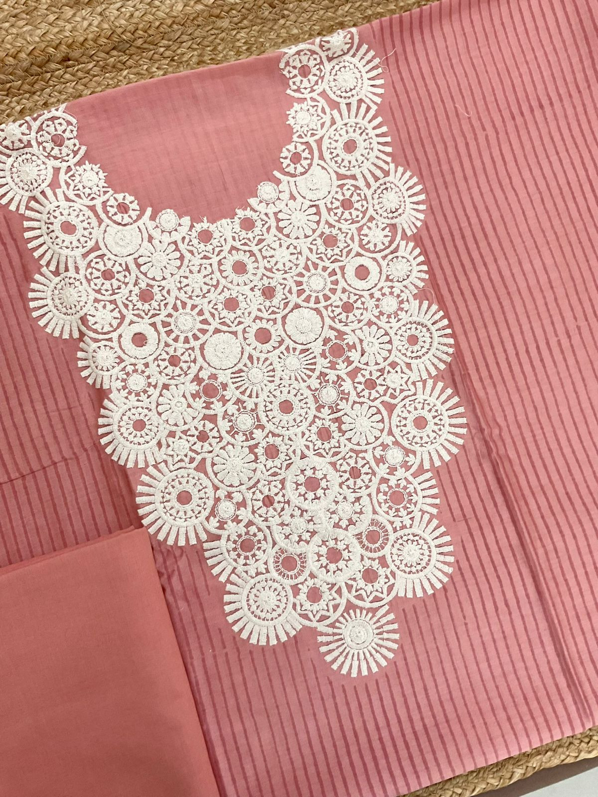 Pure Mul Chanderi Block Printed Embroidered Suit - Peach