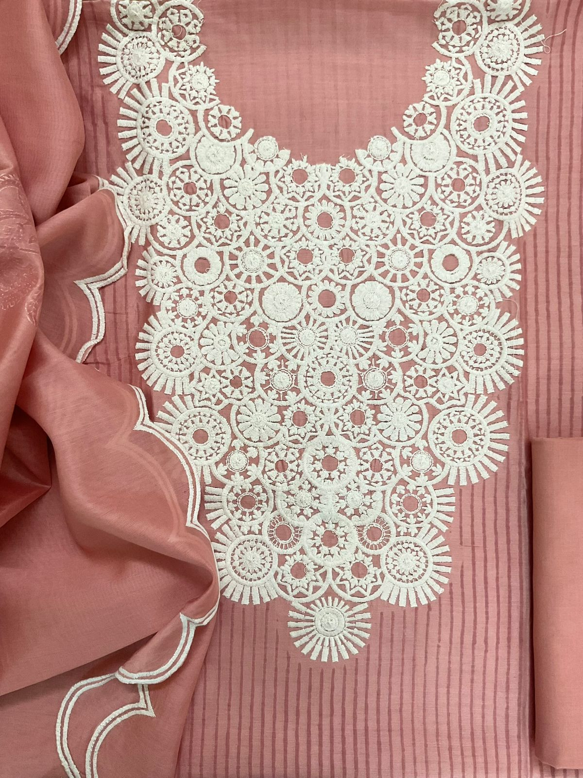 Pure Mul Chanderi Block Printed Embroidered Suit - Peach