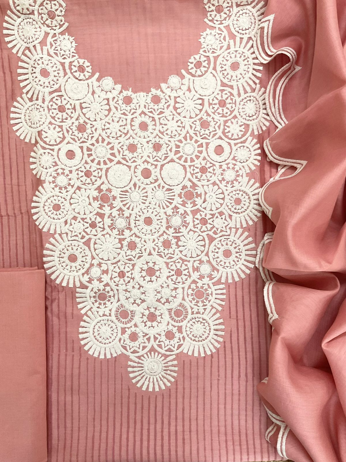 Pure Mul Chanderi Block Printed Embroidered Suit - Peach