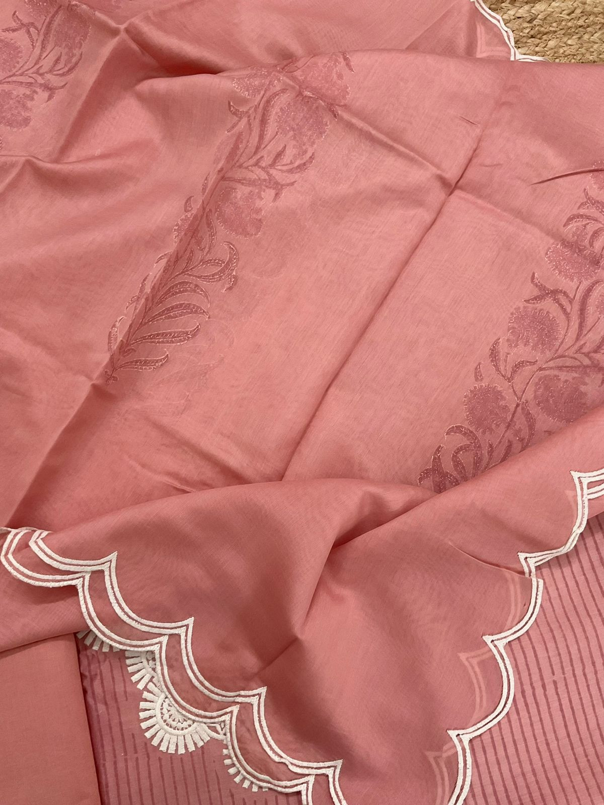 Pure Mul Chanderi Block Printed Embroidered Suit - Peach