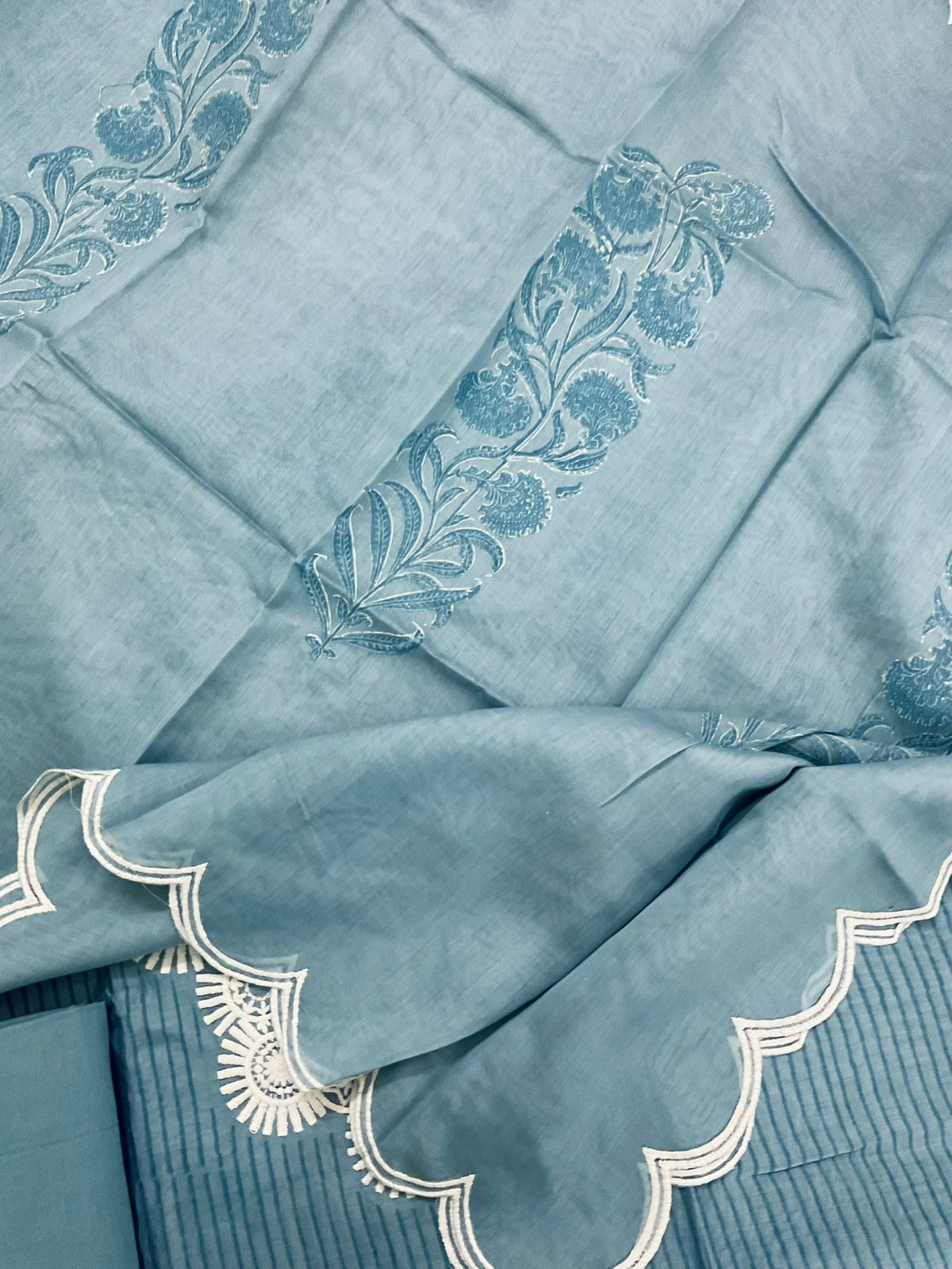 Pure Mul Chanderi Block Printed Embroidered Suit - Grey