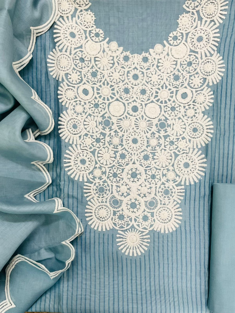 Image of Pure Mul Chanderi Block Printed Embroidered Suit - Grey