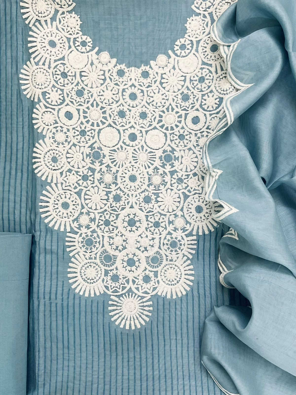 Pure Mul Chanderi Block Printed Embroidered Suit - Grey