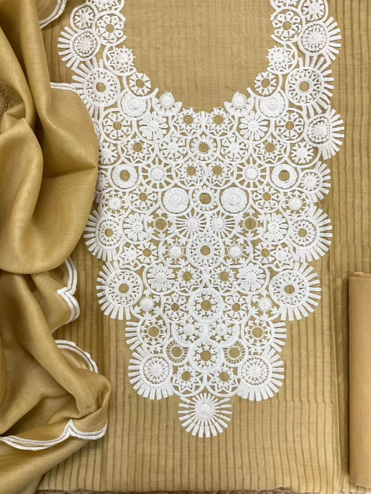 Image of Pure Mul Chanderi Block Printed Embroidered Suit - Yellow