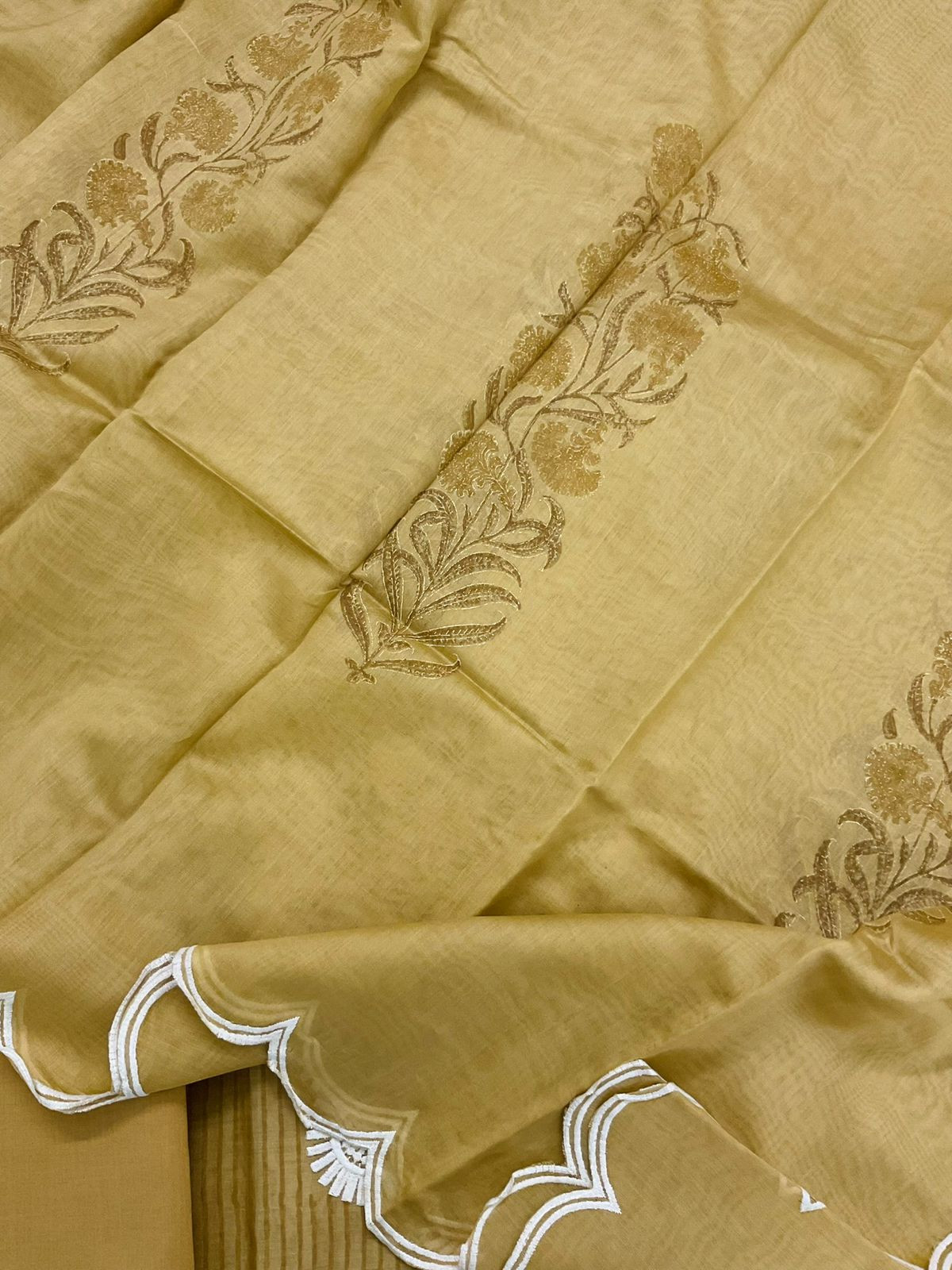 Pure Mul Chanderi Block Printed Embroidered Suit - Yellow