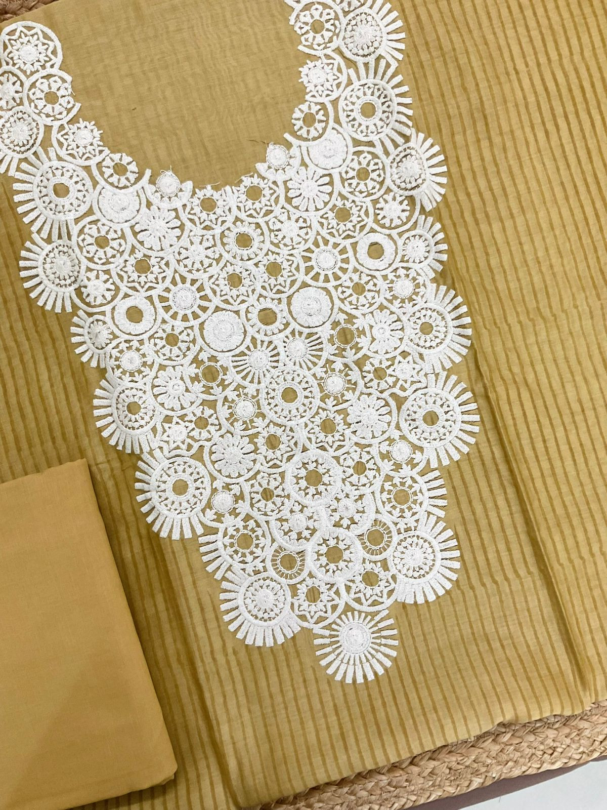 Pure Mul Chanderi Block Printed Embroidered Suit - Yellow