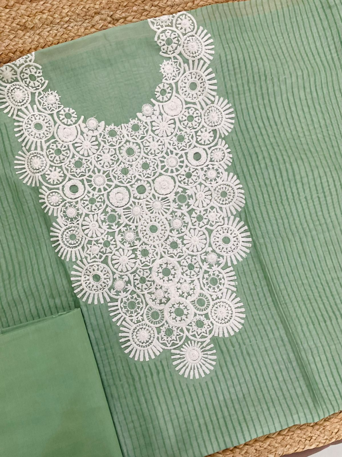 Pure Mul Chanderi Block Printed Embroidered Suit - Green