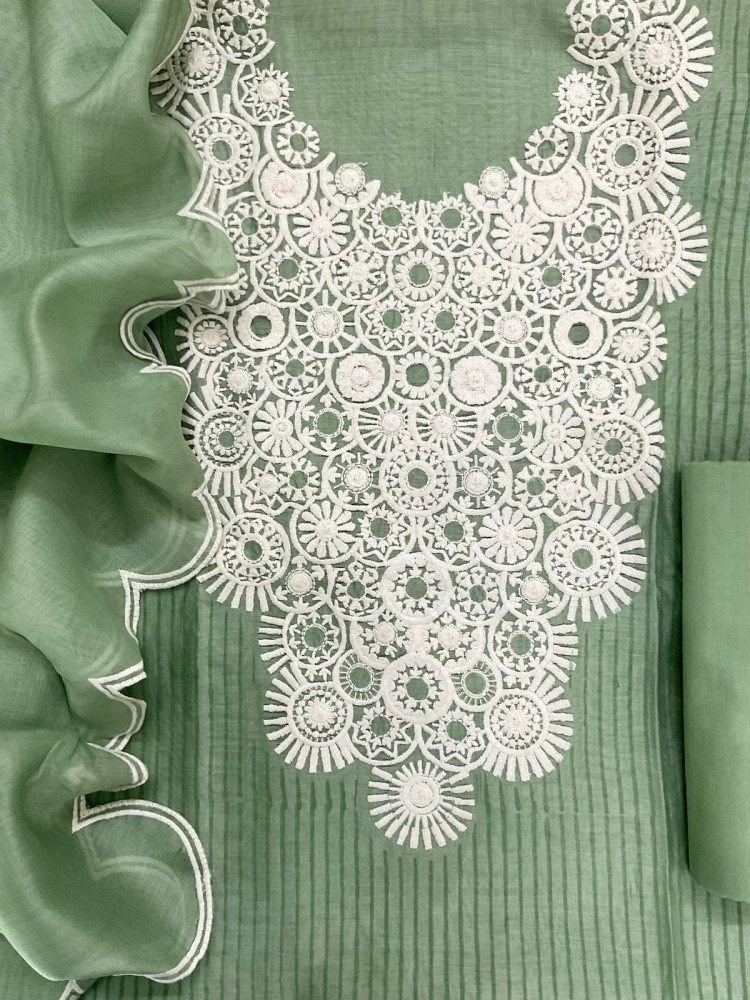 Image of Pure Mul Chanderi Block Printed Embroidered Suit - Green