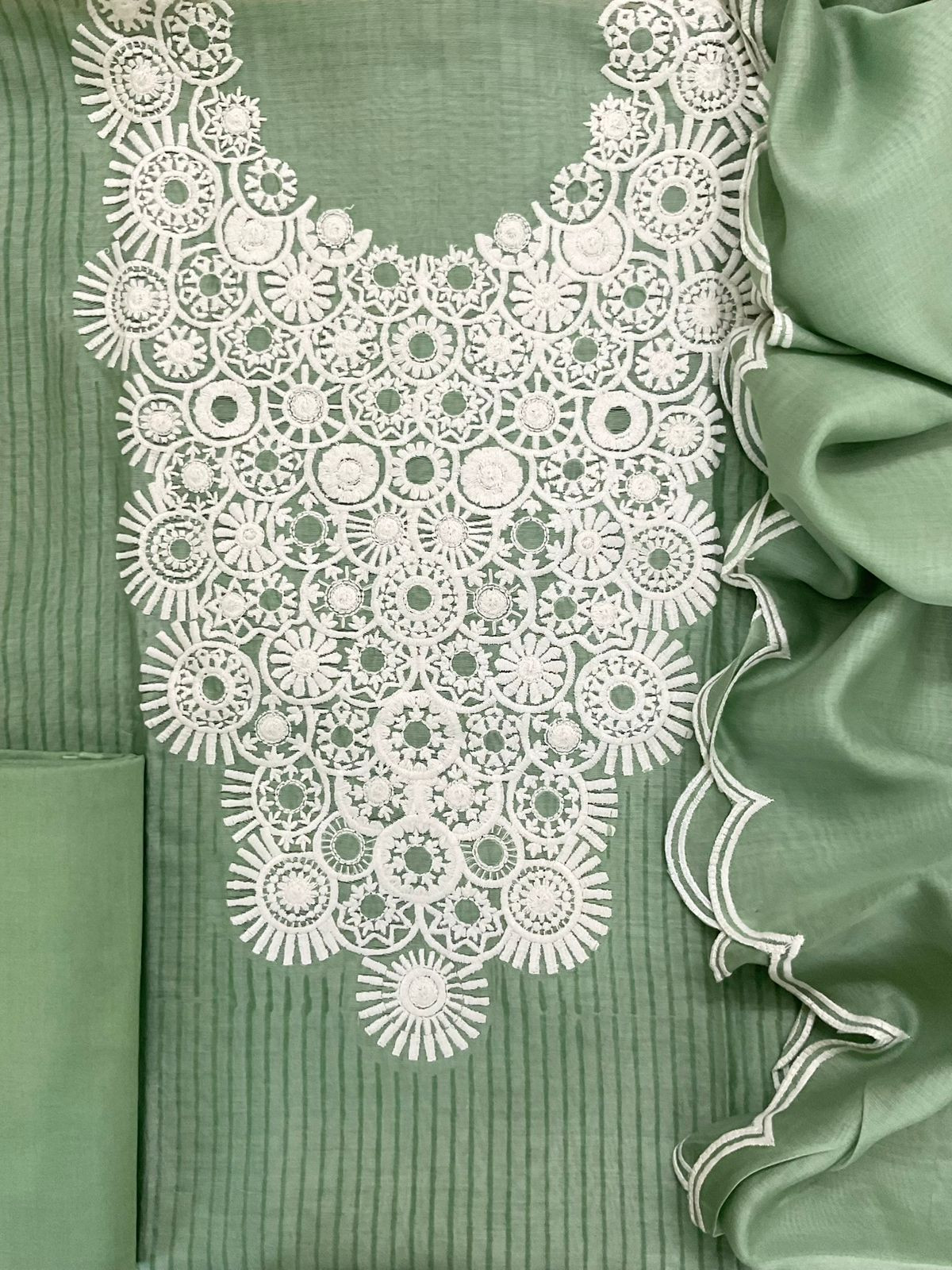 Pure Mul Chanderi Block Printed Embroidered Suit - Green