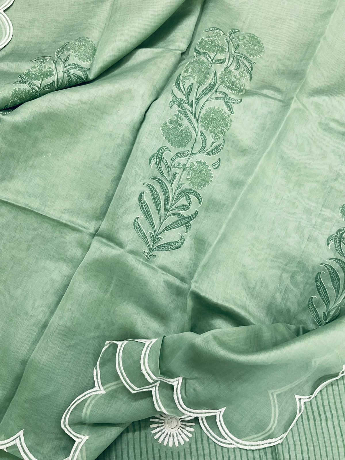 Pure Mul Chanderi Block Printed Embroidered Suit - Green