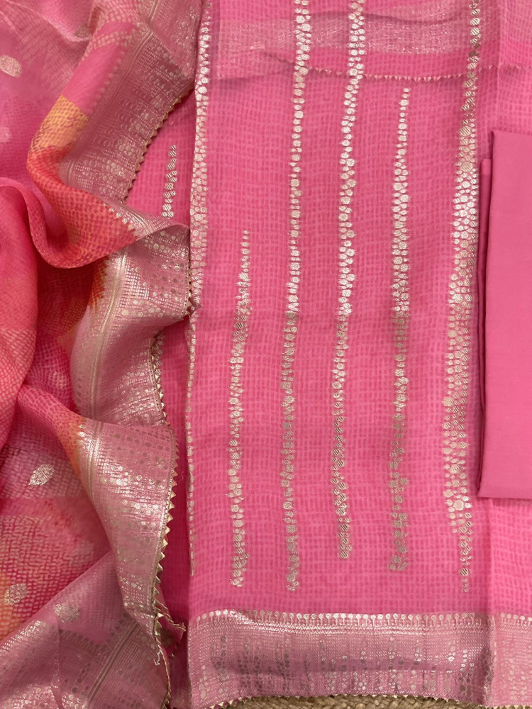 Image of Pure Organza Printed Banarasi Weaved Suit - Pink