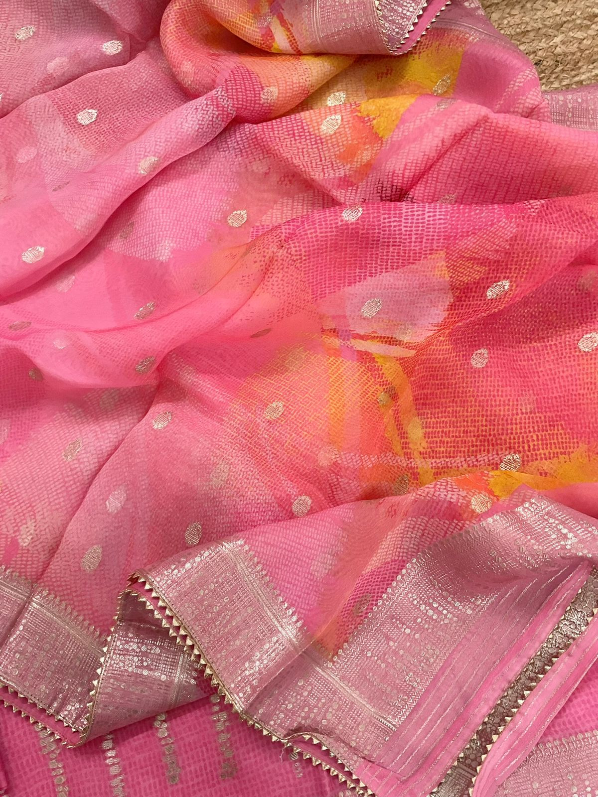 Pure Organza Printed Banarasi Weaved Suit - Pink