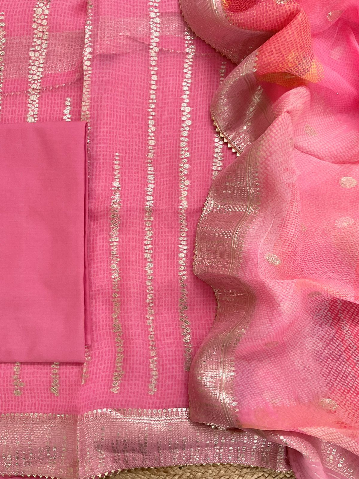 Pure Organza Printed Banarasi Weaved Suit - Pink