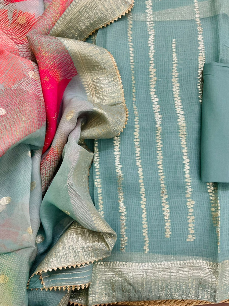 Image of Pure Organza Printed Banarasi Weaved Suit - Blue