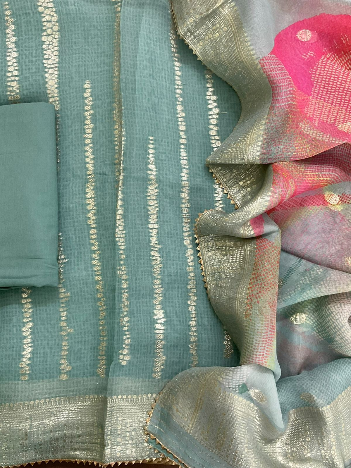 Pure Organza Printed Banarasi Weaved Suit - Blue