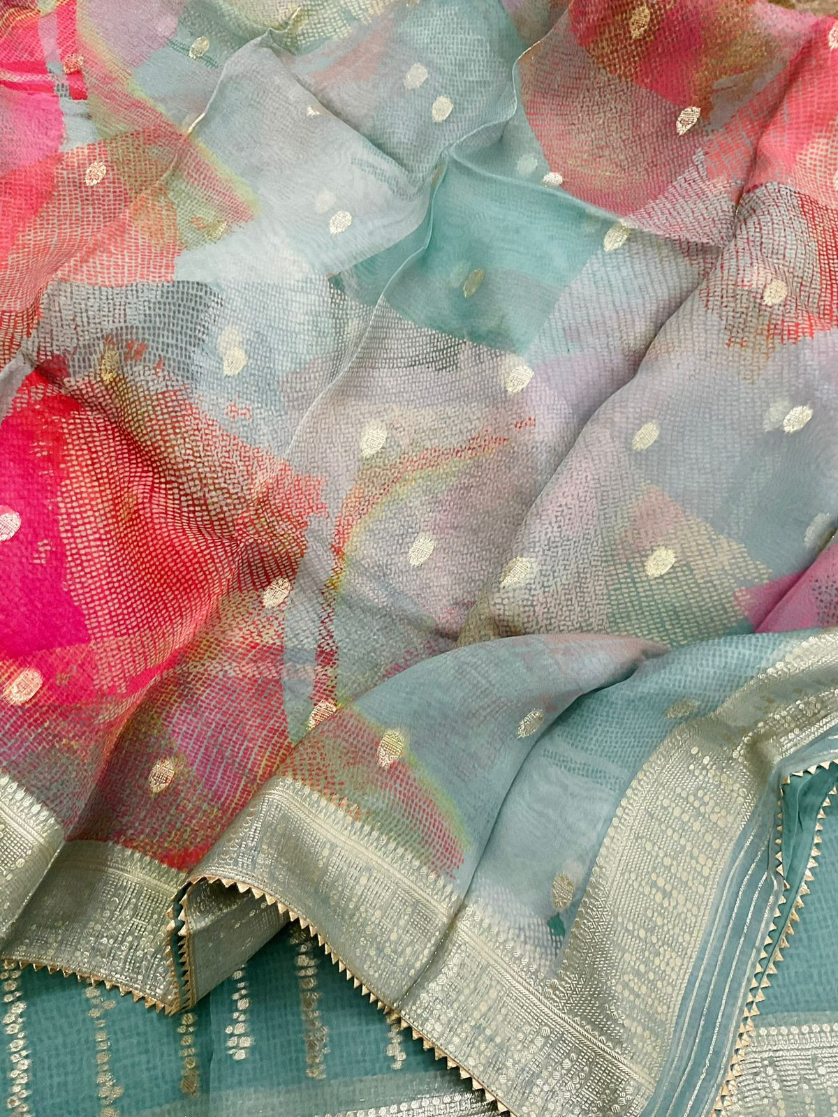 Pure Organza Printed Banarasi Weaved Suit - Blue