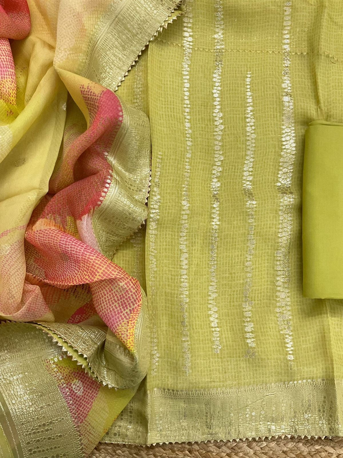 Pure Organza Printed Banarasi Weaved Suit - Green