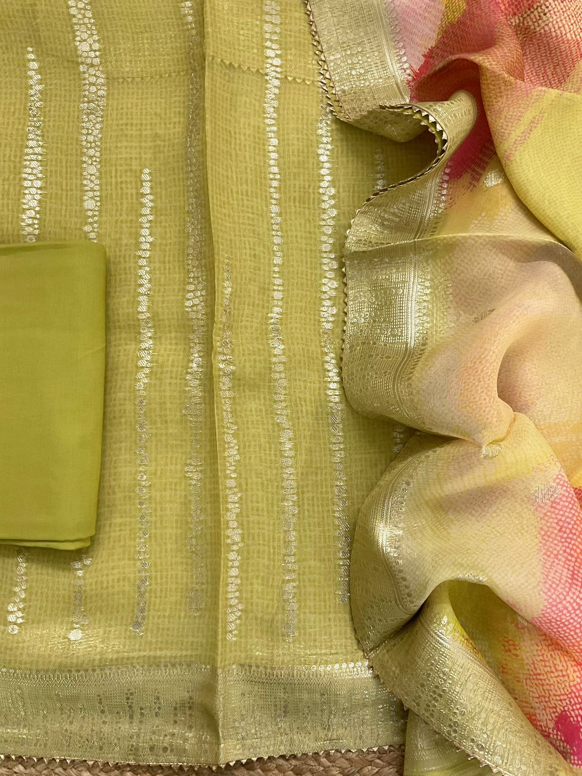 Pure Organza Printed Banarasi Weaved Suit - Green