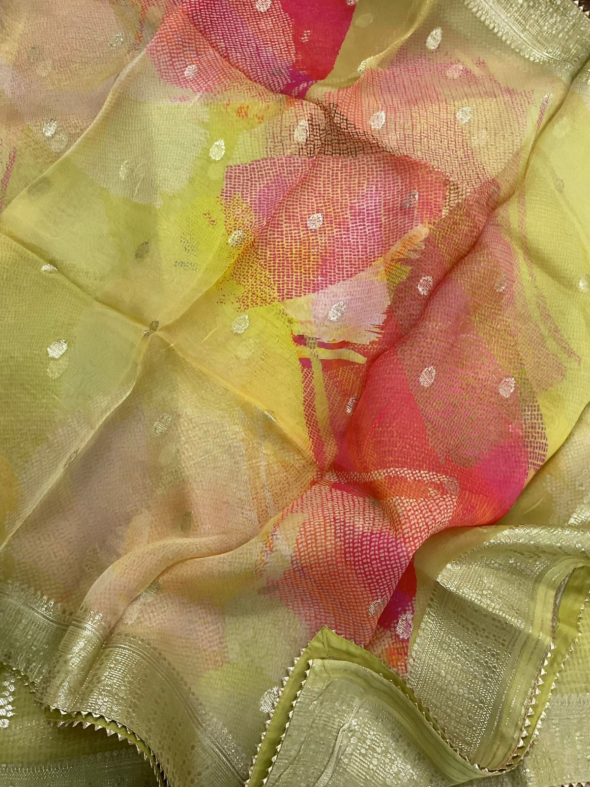 Pure Organza Printed Banarasi Weaved Suit - Green