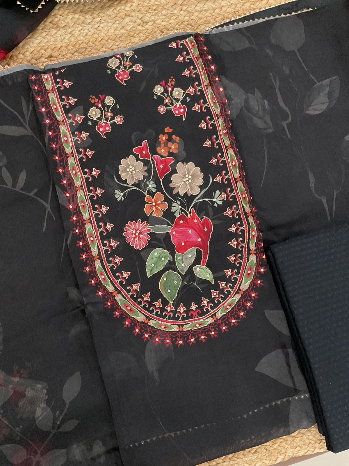 Pure Organza Printed Embroidered Suit - Black