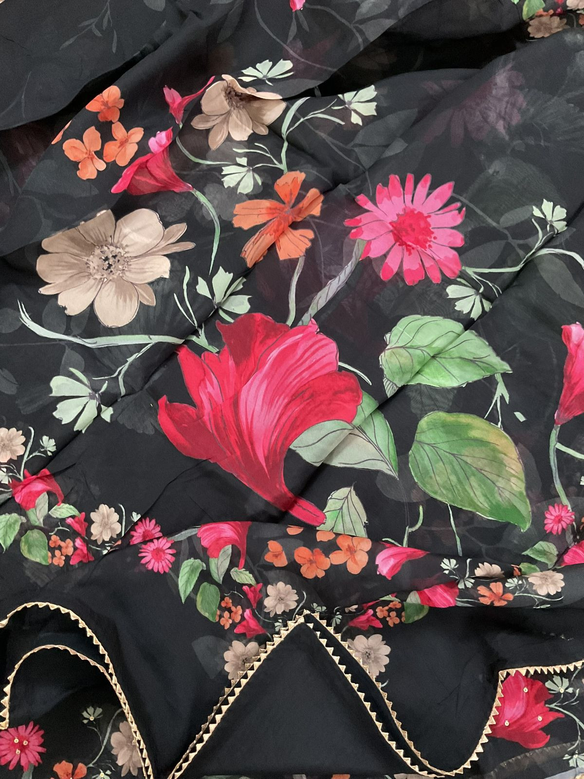 Pure Organza Printed Embroidered Suit - Black