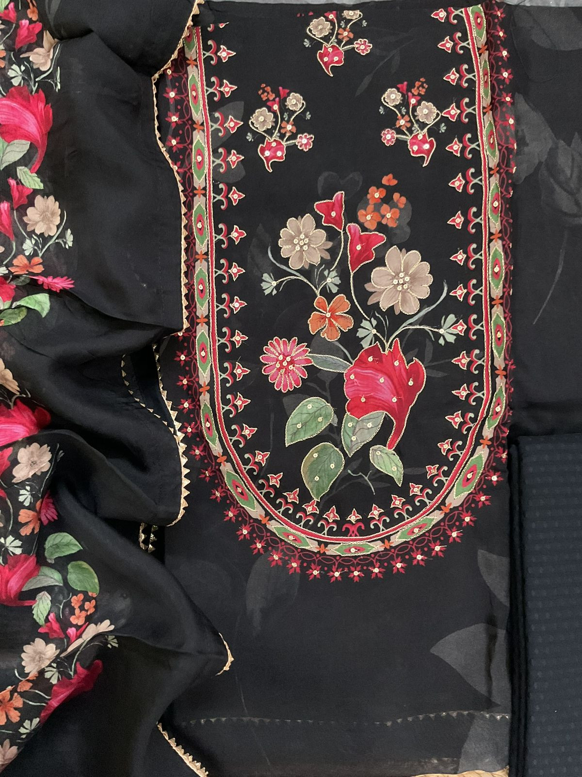 Pure Organza Printed Embroidered Suit - Black