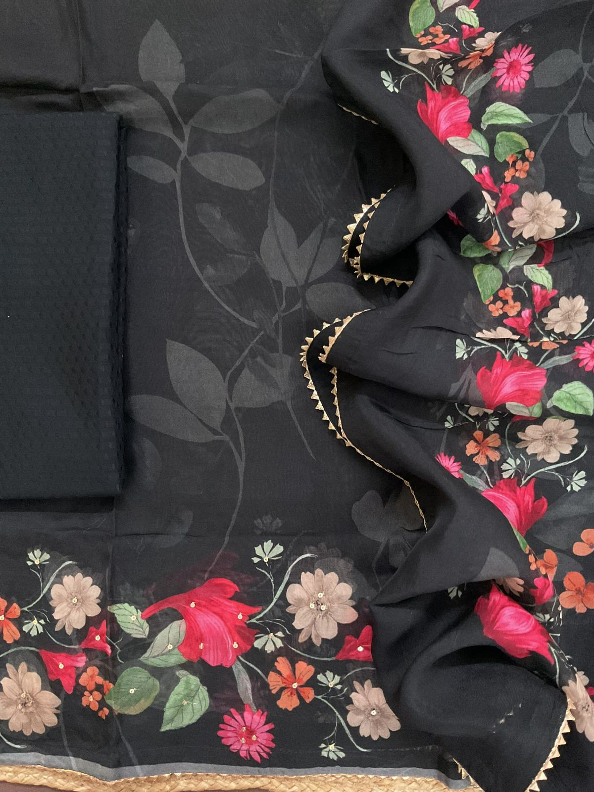 Pure Organza Printed Embroidered Suit - Black