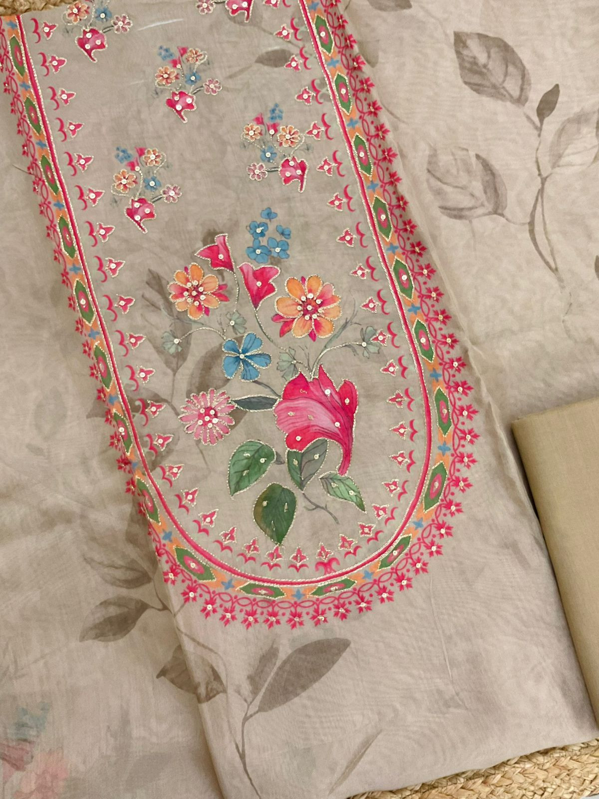 Pure Organza Printed Embroidered Suit - Beige