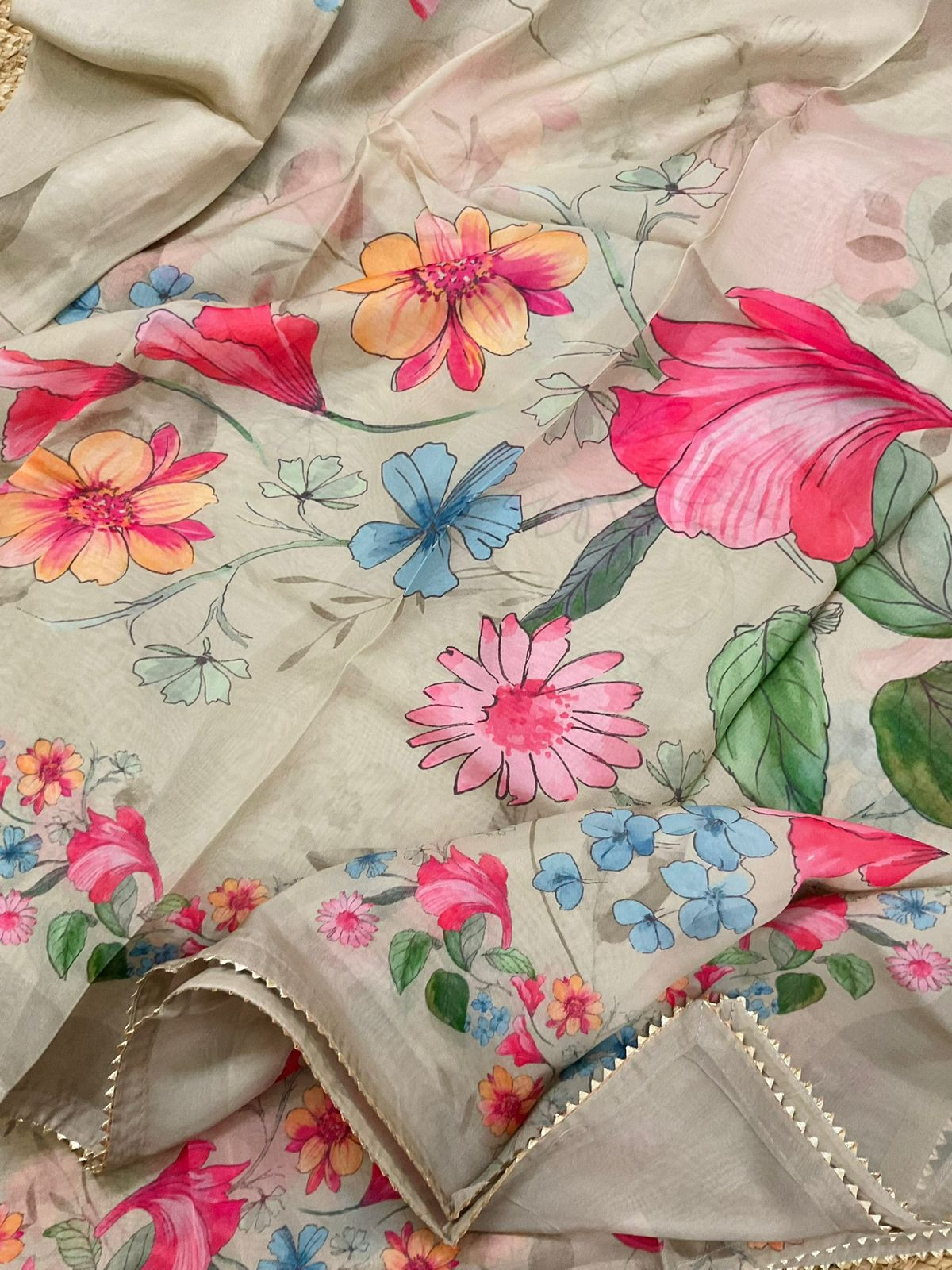 Pure Organza Printed Embroidered Suit - Beige