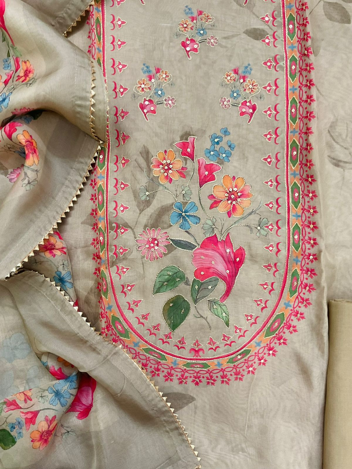 Pure Organza Printed Embroidered Suit - Beige