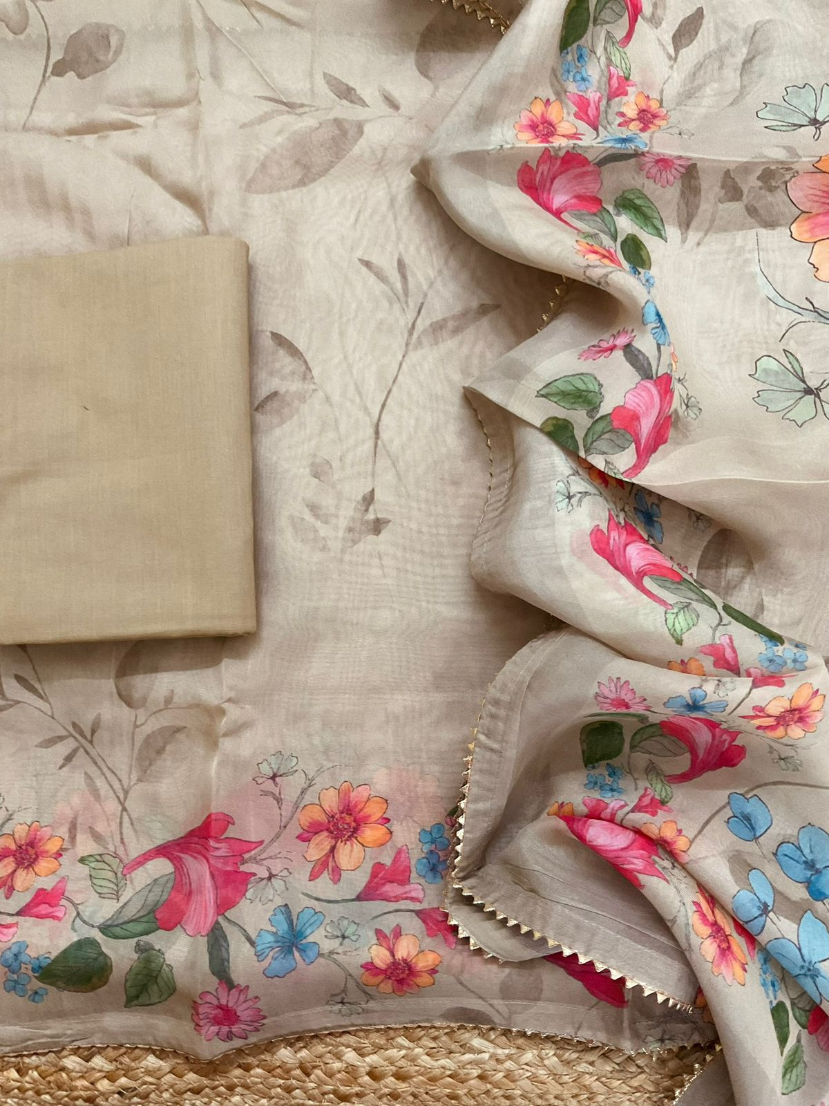 Pure Organza Printed Embroidered Suit - Beige