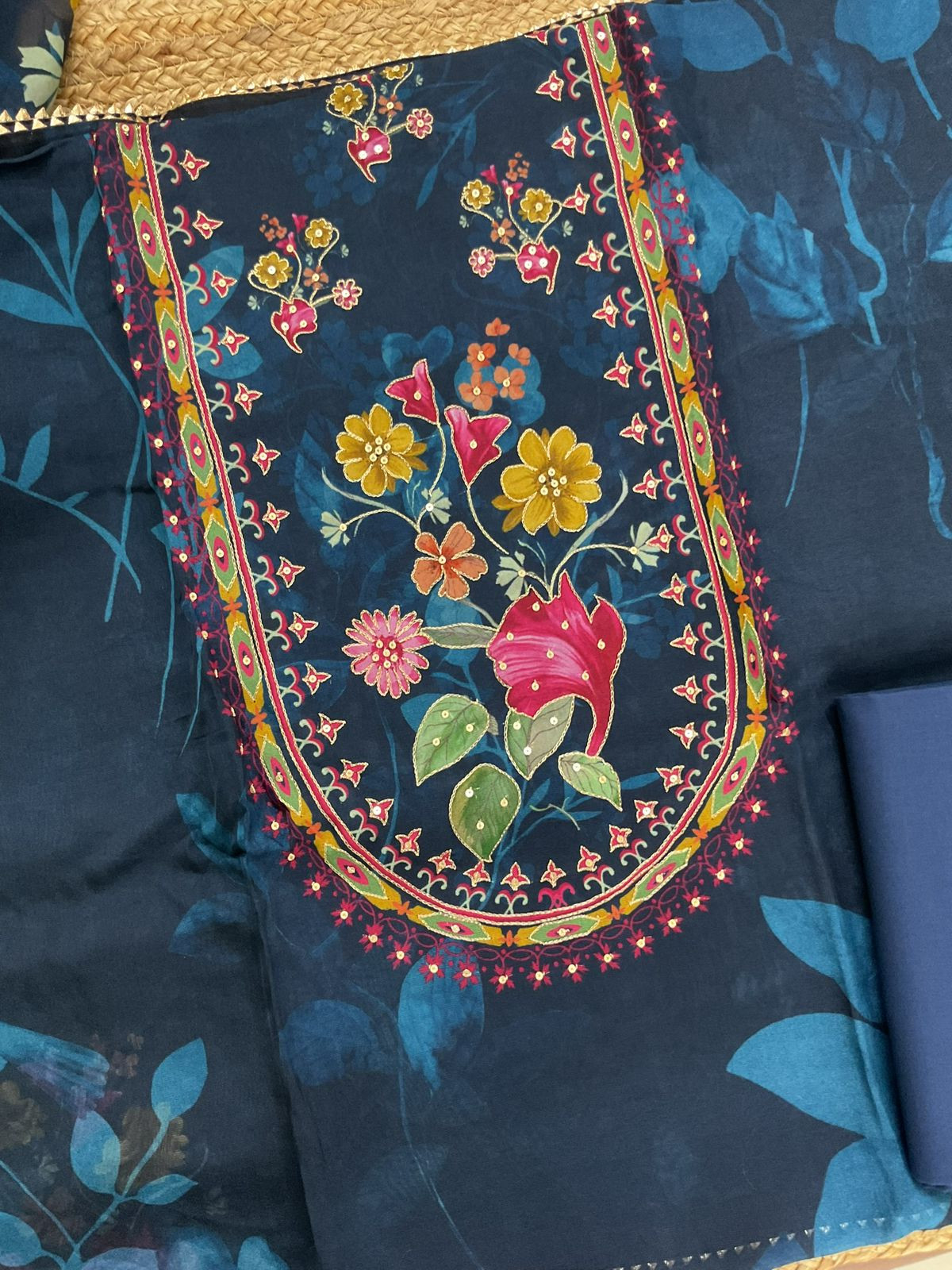 Pure Organza Printed Embroidered Suit - Blue