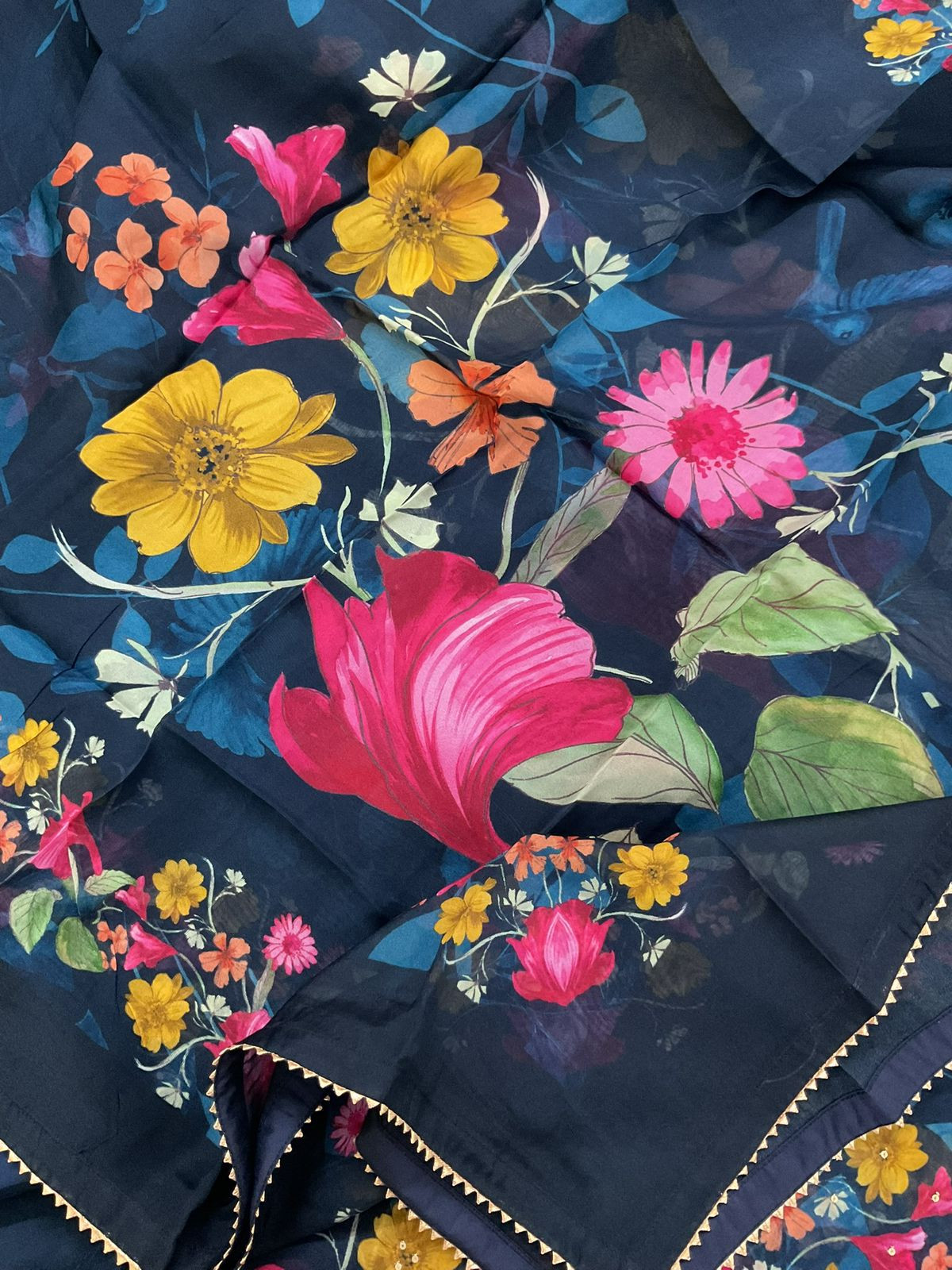 Pure Organza Printed Embroidered Suit - Blue