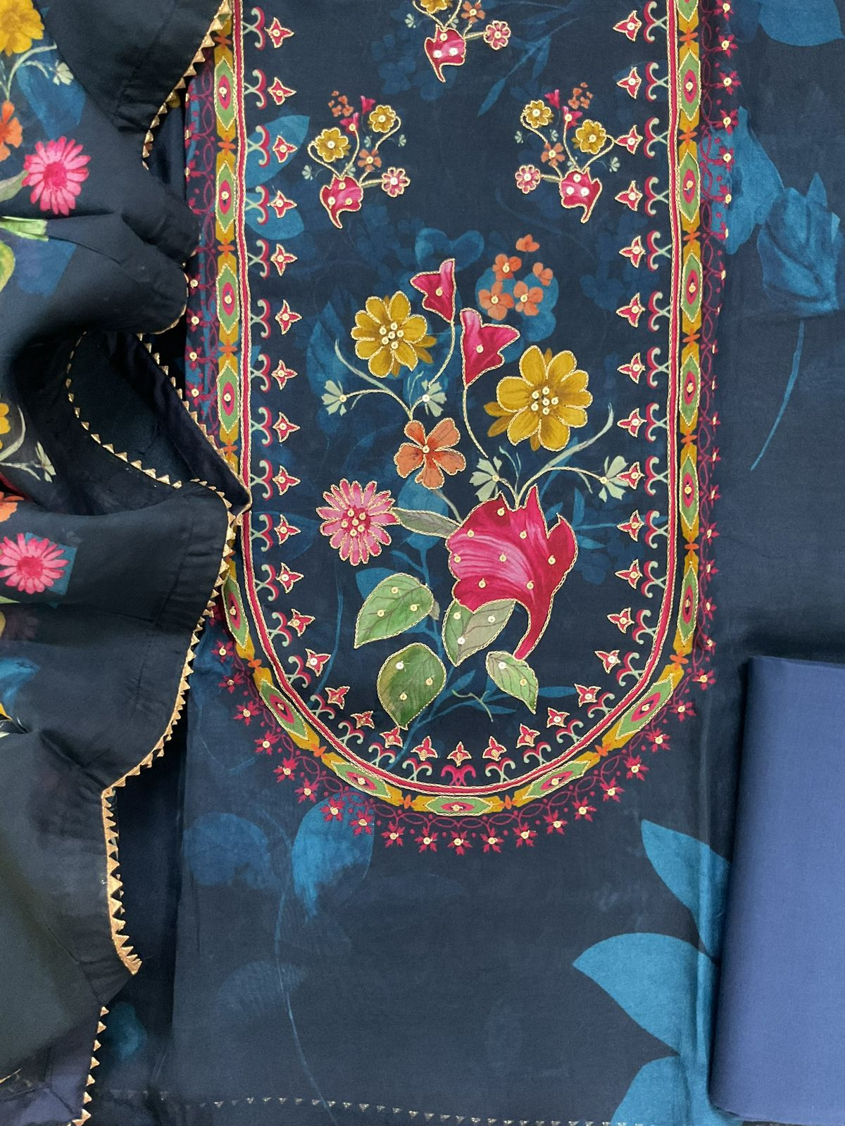 Pure Organza Printed Embroidered Suit - Blue