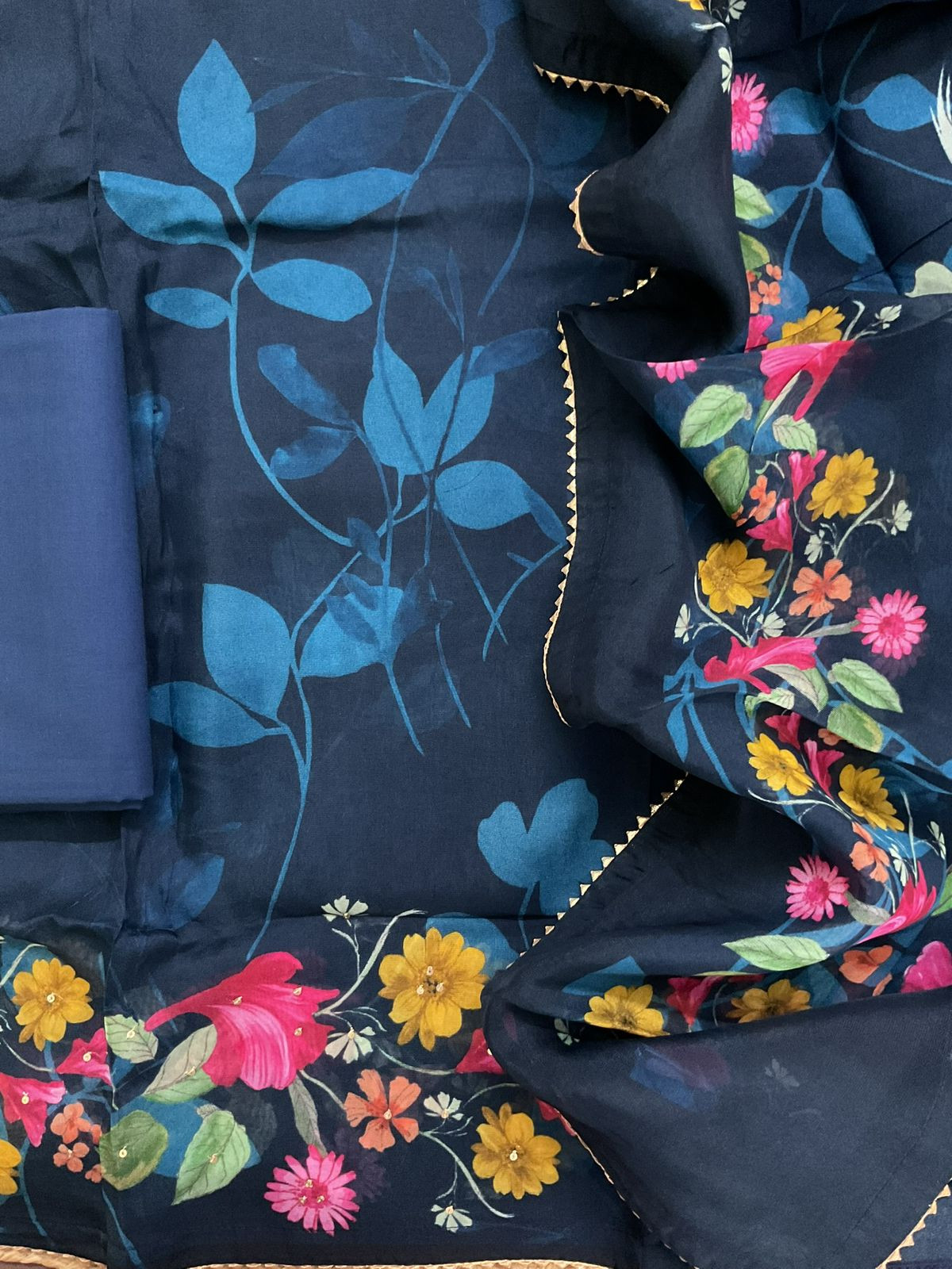 Pure Organza Printed Embroidered Suit - Blue