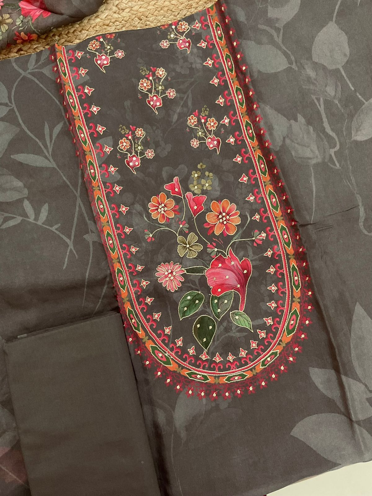 Pure Organza Printed Embroidered Suit - Brown